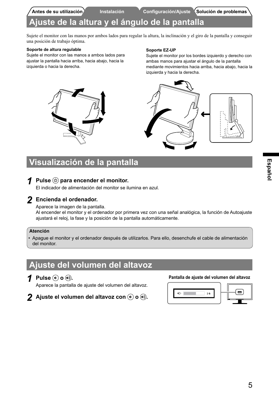Visualización de la pantalla, Ajuste del volumen del altavoz, Ajuste de la altura y el ángulo de la pantalla | Eizo FlexScan S2031W User Manual | Page 31 / 76