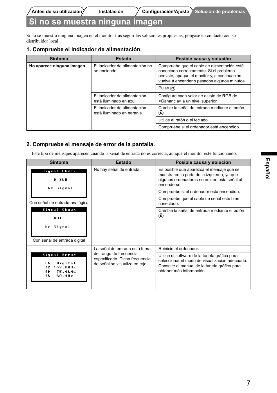 Si no se muestra ninguna imagen, Español, Compruebe el indicador de alimentación | Compruebe el mensaje de error de la pantalla | Eizo FlexScan S2031W User Manual | Page 33 / 76