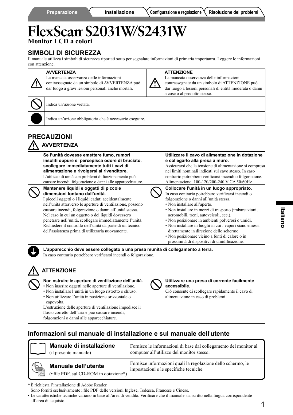 Monitor lcd a colori, Simboli di sicurezza, Precauzioni | Utente, Italiano, Manuale di installazione, Manuale dell’utente | Eizo FlexScan S2031W User Manual | Page 35 / 76