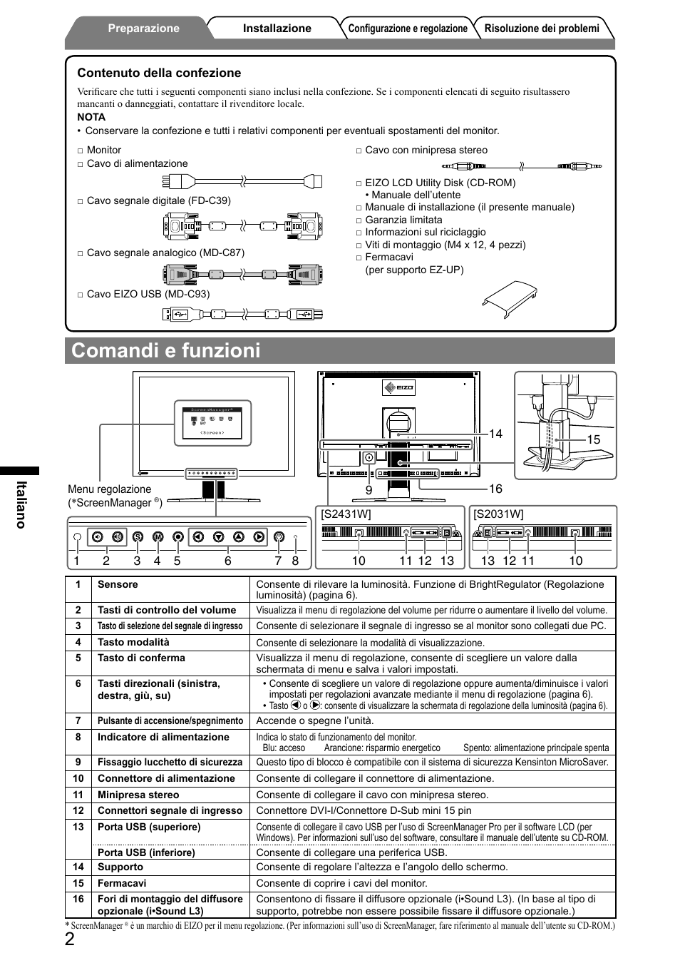 Comandi e funzioni, Italiano | Eizo FlexScan S2031W User Manual | Page 36 / 76