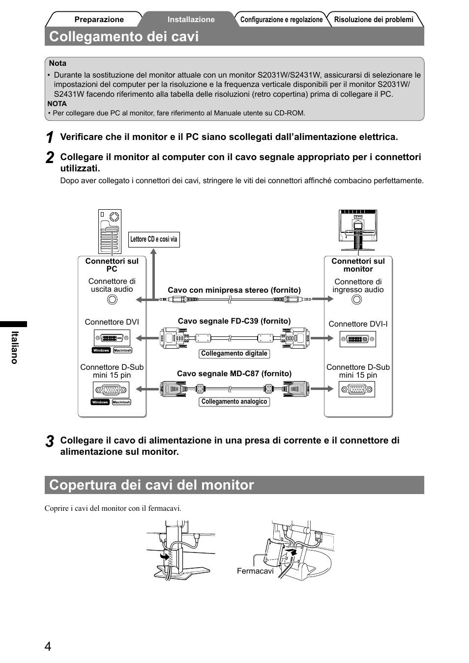 Collegamento dei cavi, Copertura dei cavi del monitor | Eizo FlexScan S2031W User Manual | Page 38 / 76