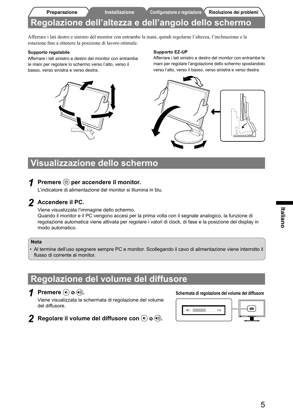Visualizzazione dello schermo, Regolazione del volume del diffusore | Eizo FlexScan S2031W User Manual | Page 39 / 76