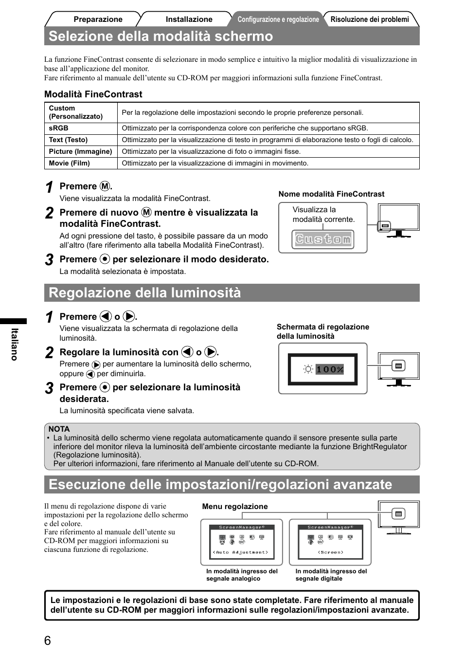Selezione della modalità schermo, Regolazione della luminosità, Esecuzione delle impostazioni/regolazioni avanzate | Eizo FlexScan S2031W User Manual | Page 40 / 76