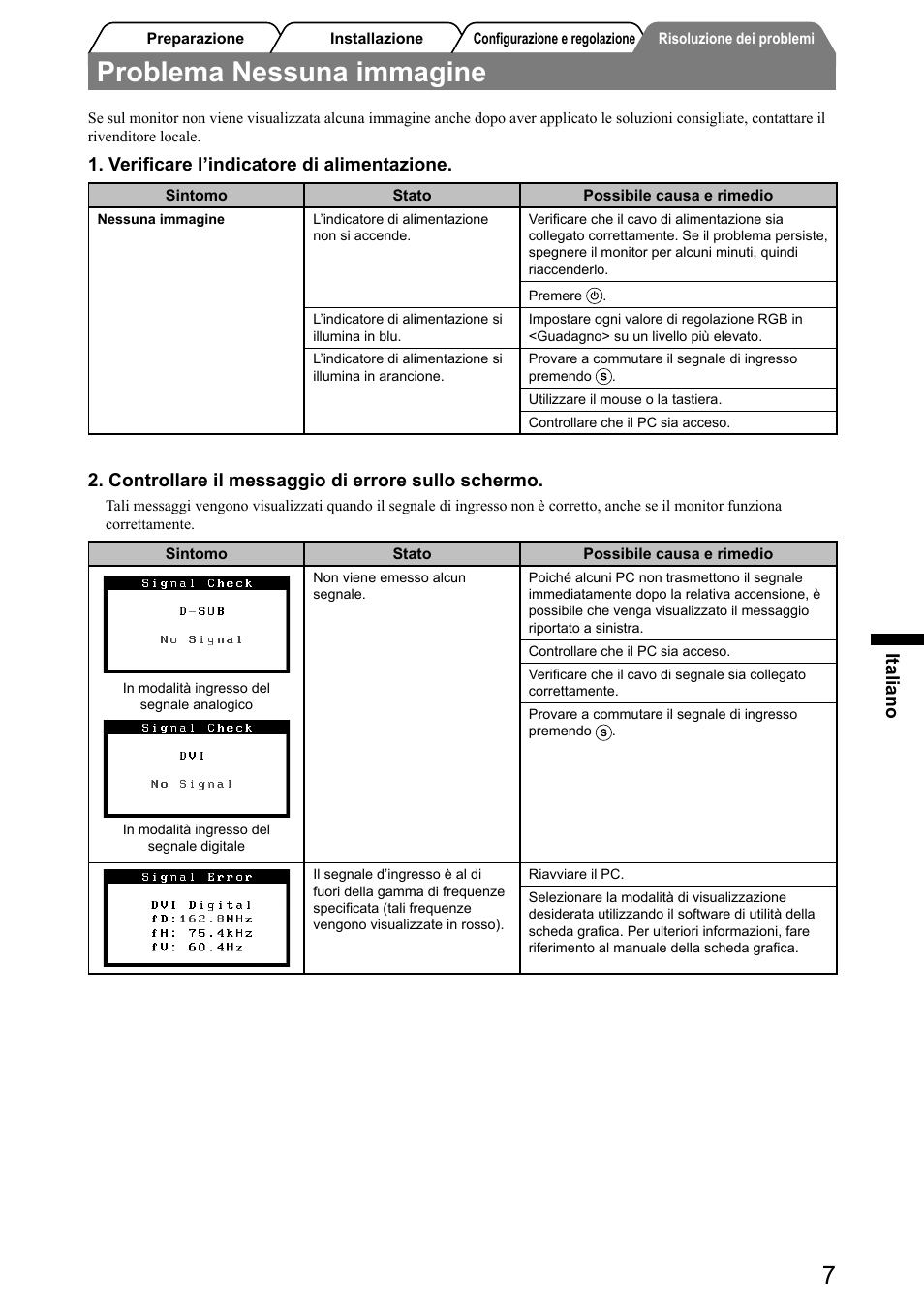 Problema nessuna immagine, Italiano, Veriﬁcare l’indicatore di alimentazione | Controllare il messaggio di errore sullo schermo | Eizo FlexScan S2031W User Manual | Page 41 / 76
