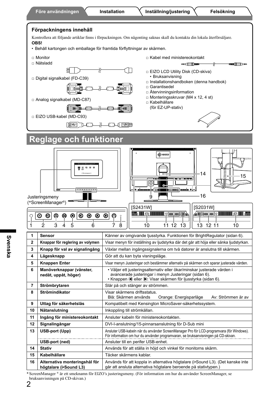 Reglage och funktioner, Svenska | Eizo FlexScan S2031W User Manual | Page 44 / 76
