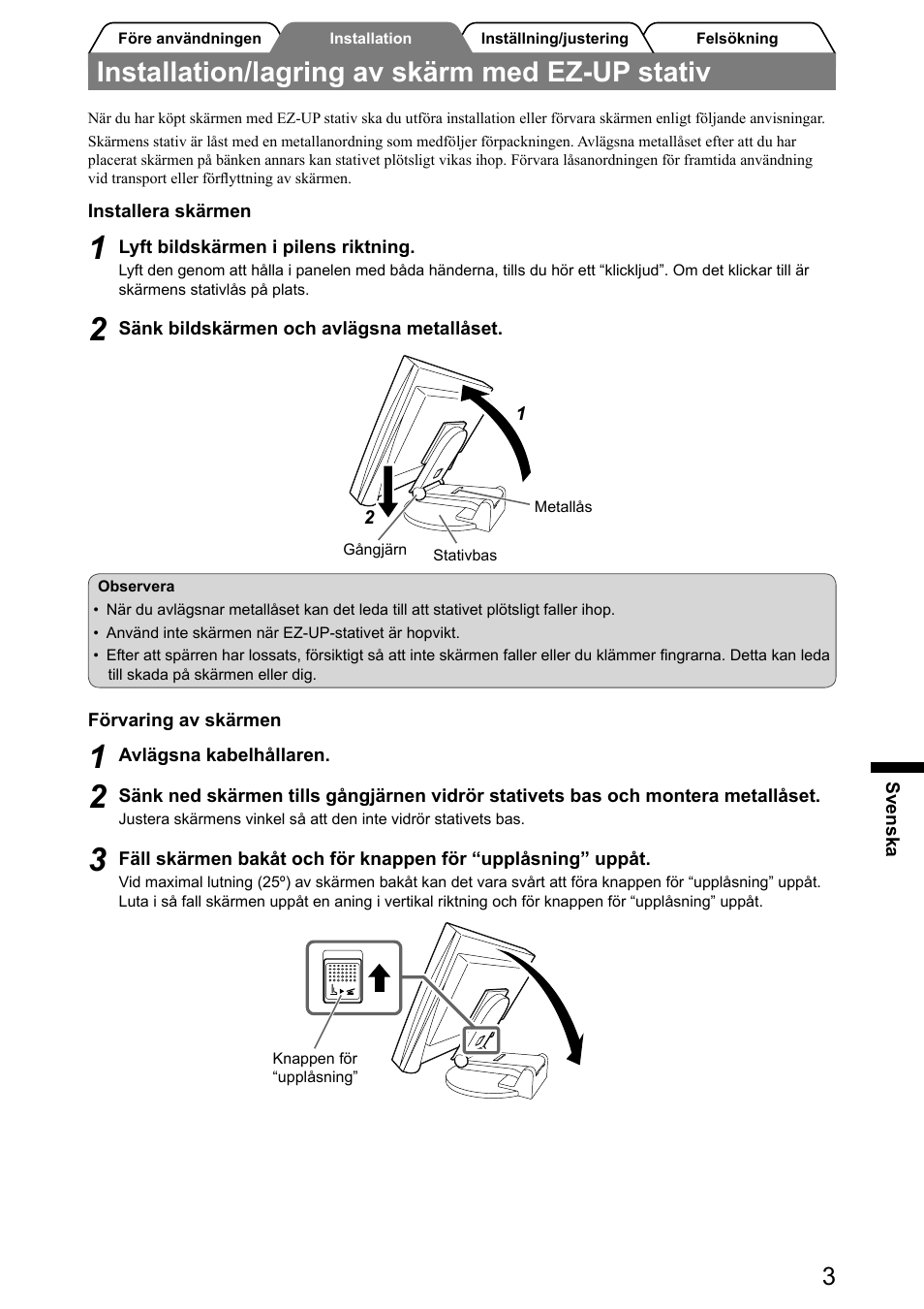 Installation/lagring av skärm med ez-up stativ | Eizo FlexScan S2031W User Manual | Page 45 / 76