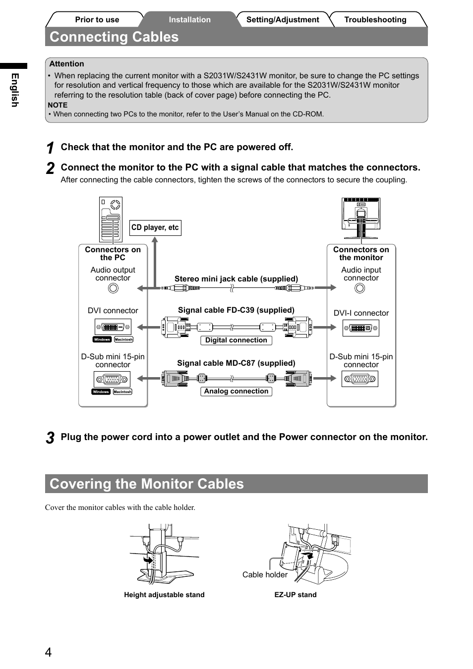 Connecting cables, Covering the monitor cables | Eizo FlexScan S2031W User Manual | Page 6 / 76