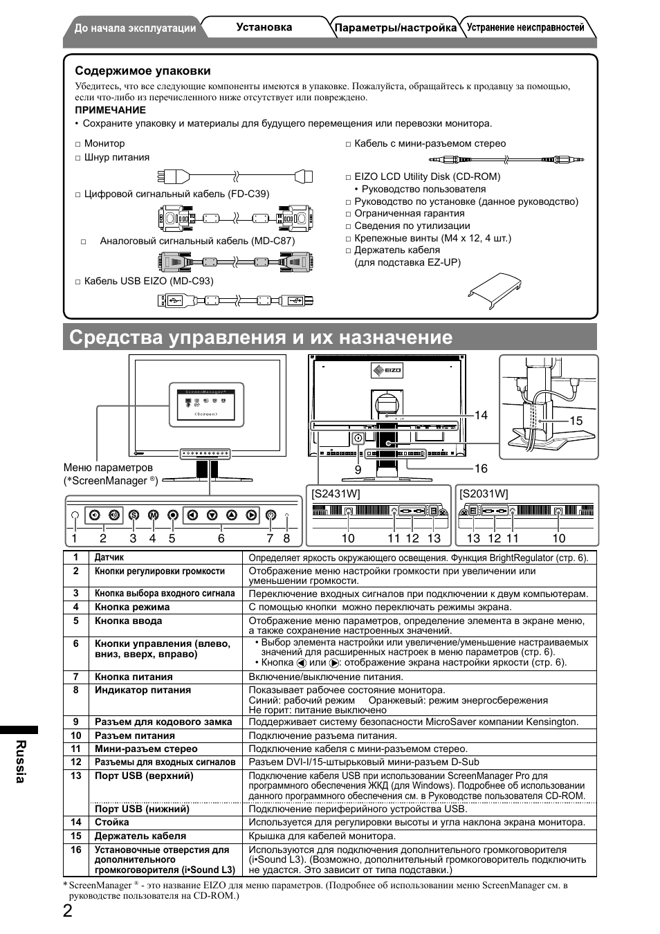 Средства управления и их назначение, Russia | Eizo FlexScan S2031W User Manual | Page 60 / 76