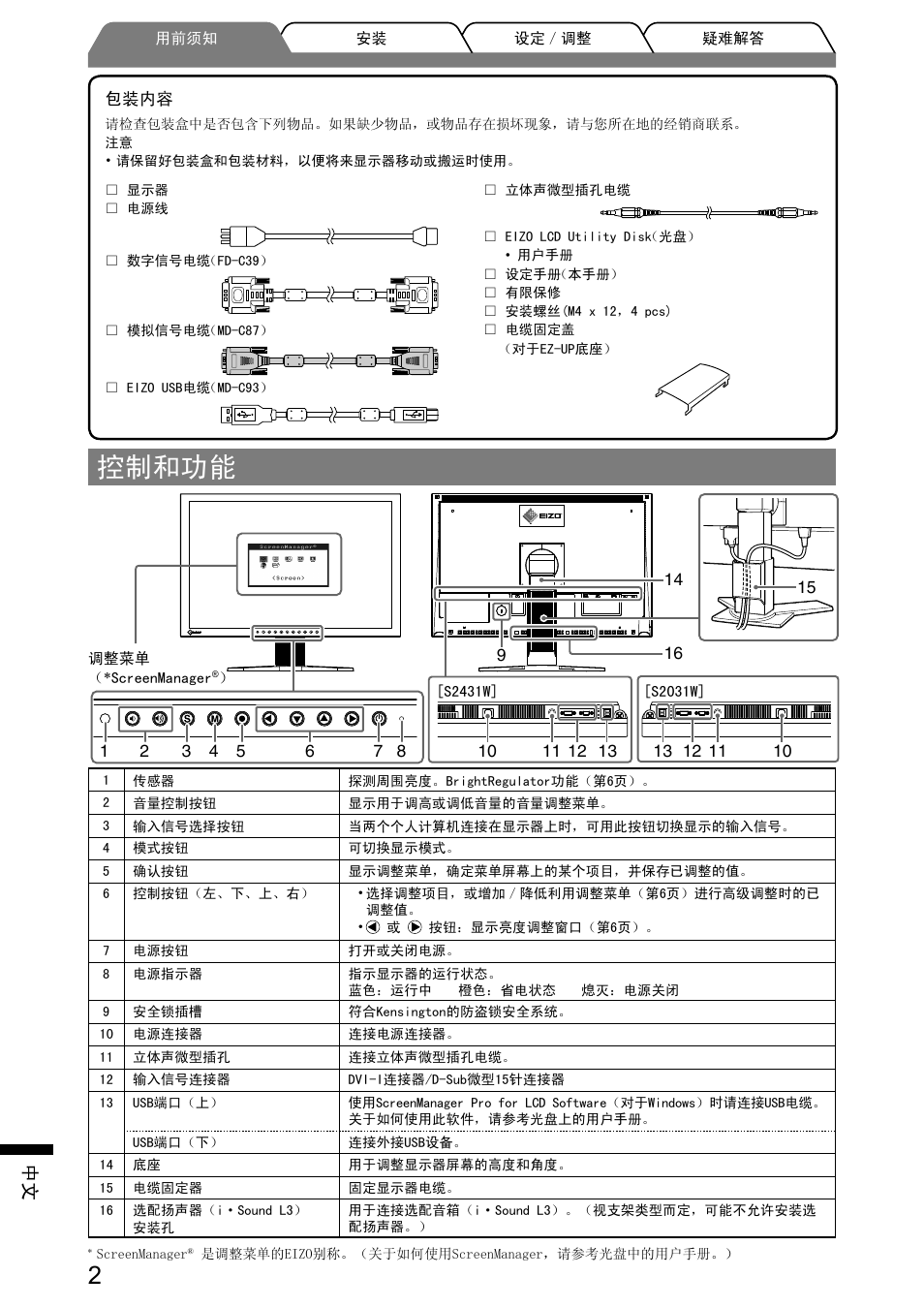 控制和功能 | Eizo FlexScan S2031W User Manual | Page 68 / 76