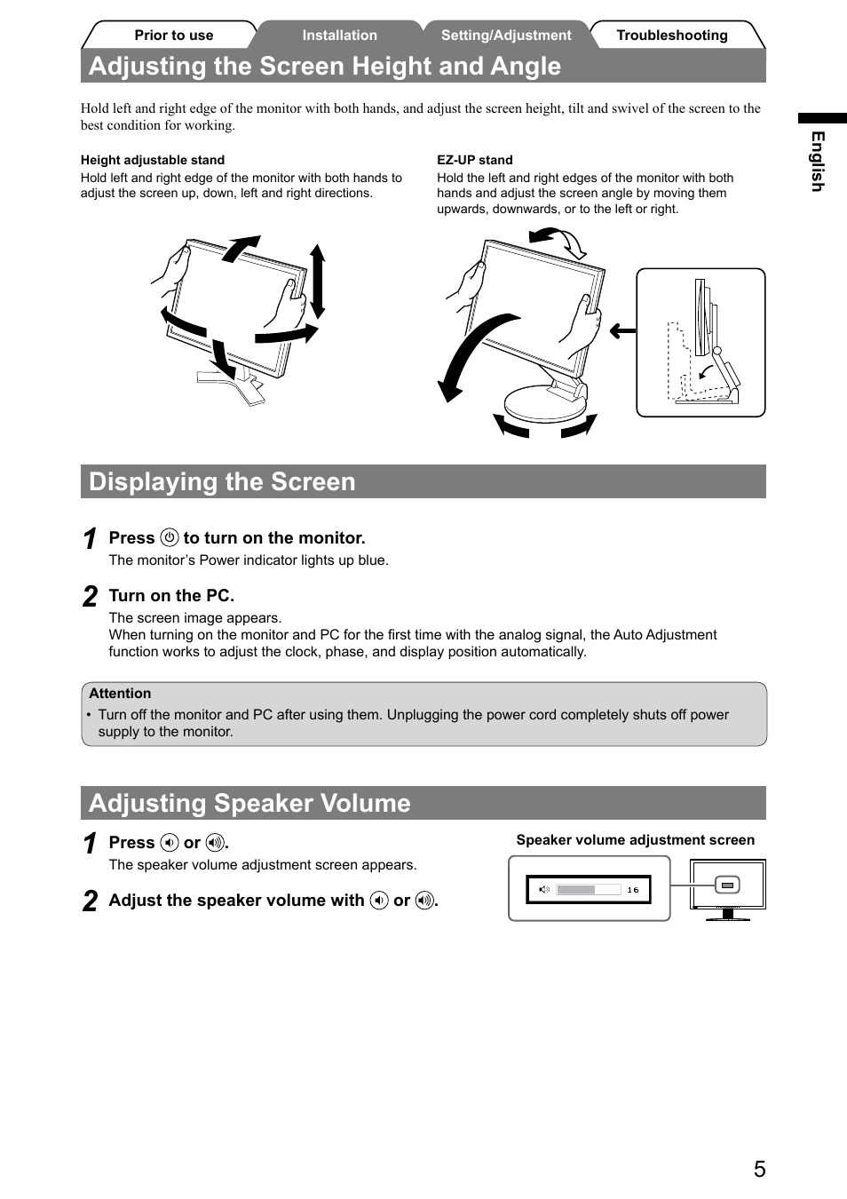 Displaying the screen, Adjusting speaker volume, Adjusting the screen height and angle | Eizo FlexScan S2031W User Manual | Page 7 / 76