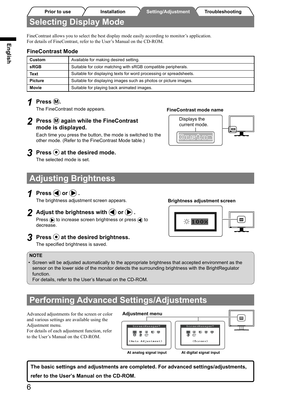 Selecting display mode, Adjusting brightness, Performing advanced settings/adjustments | Eizo FlexScan S2031W User Manual | Page 8 / 76