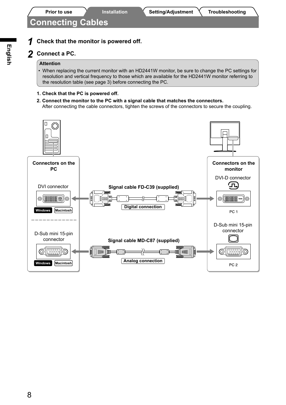 Connecting cables | Eizo FlexScan HD2441W User Manual | Page 10 / 148