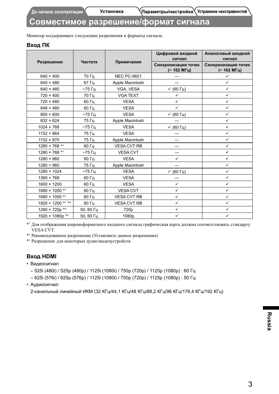 Совместимое разрешение/формат сигнала, Russia, Вход пк | Вход hdmi | Eizo FlexScan HD2441W User Manual | Page 117 / 148