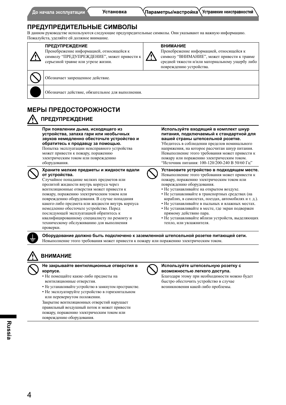 Предупредительные символы, Меры предосторожности, Russia | Eizo FlexScan HD2441W User Manual | Page 118 / 148