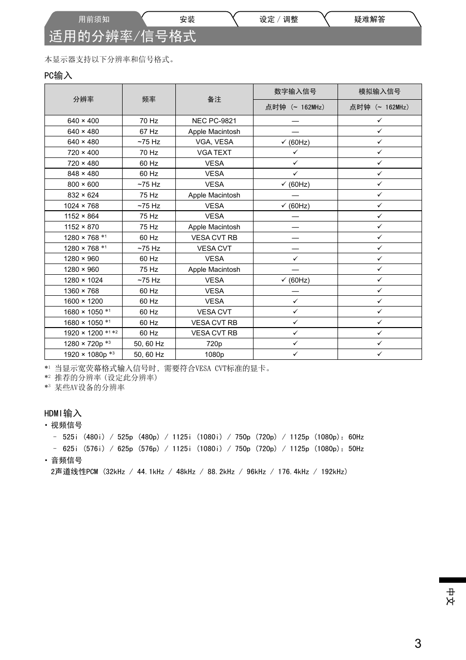 适用的分辨率/信号格式, Pc输入, Hdmi输入 | Eizo FlexScan HD2441W User Manual | Page 133 / 148