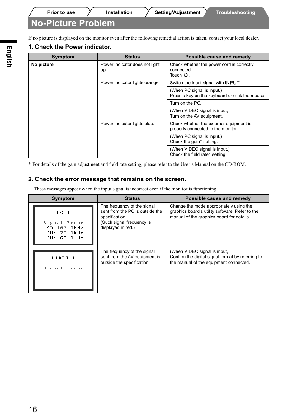 No-picture problem, English, Check the power indicator | Check the error message that remains on the screen | Eizo FlexScan HD2441W User Manual | Page 18 / 148