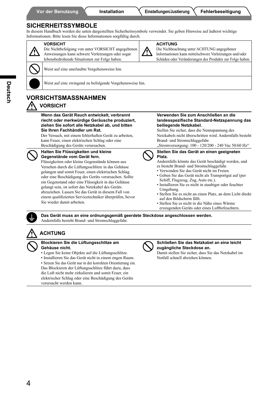 Sicherheitssymbole, Vorsichtsmassnahmen, Deutsch | Eizo FlexScan HD2441W User Manual | Page 22 / 148