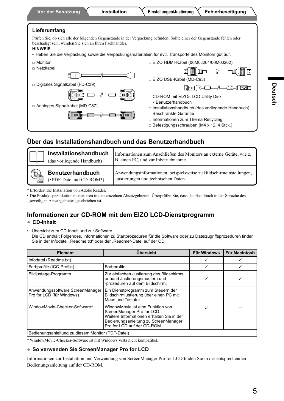 Deutsch, Installationshandbuch, Benutzerhandbuch | Eizo FlexScan HD2441W User Manual | Page 23 / 148