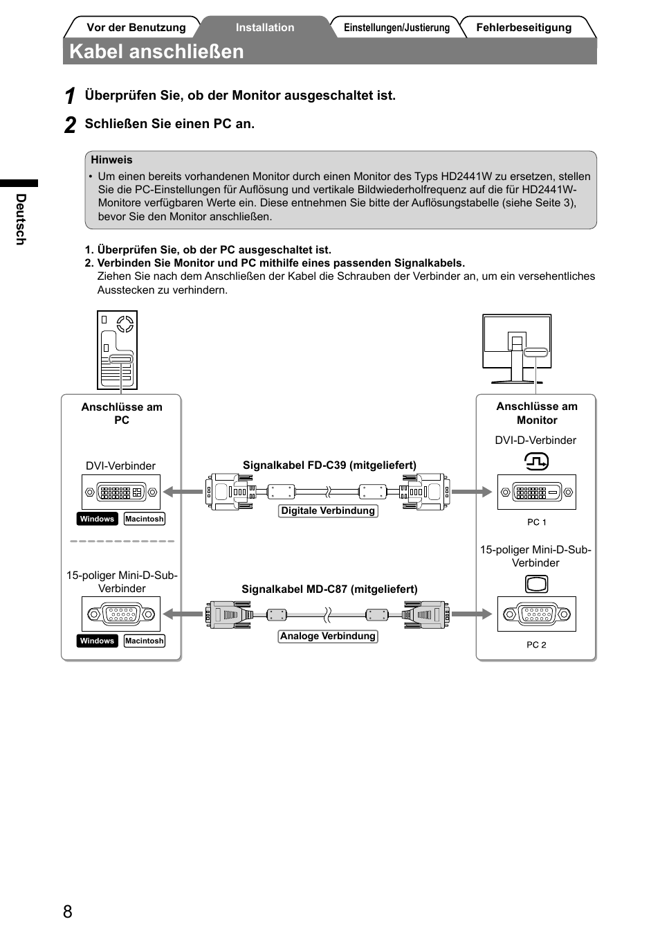 Kabel anschließen | Eizo FlexScan HD2441W User Manual | Page 26 / 148