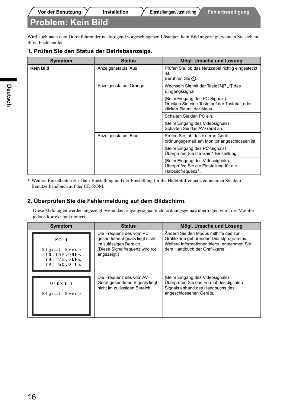 Problem: kein bild, Deutsch, Prüfen sie den status der betriebsanzeige | Eizo FlexScan HD2441W User Manual | Page 34 / 148