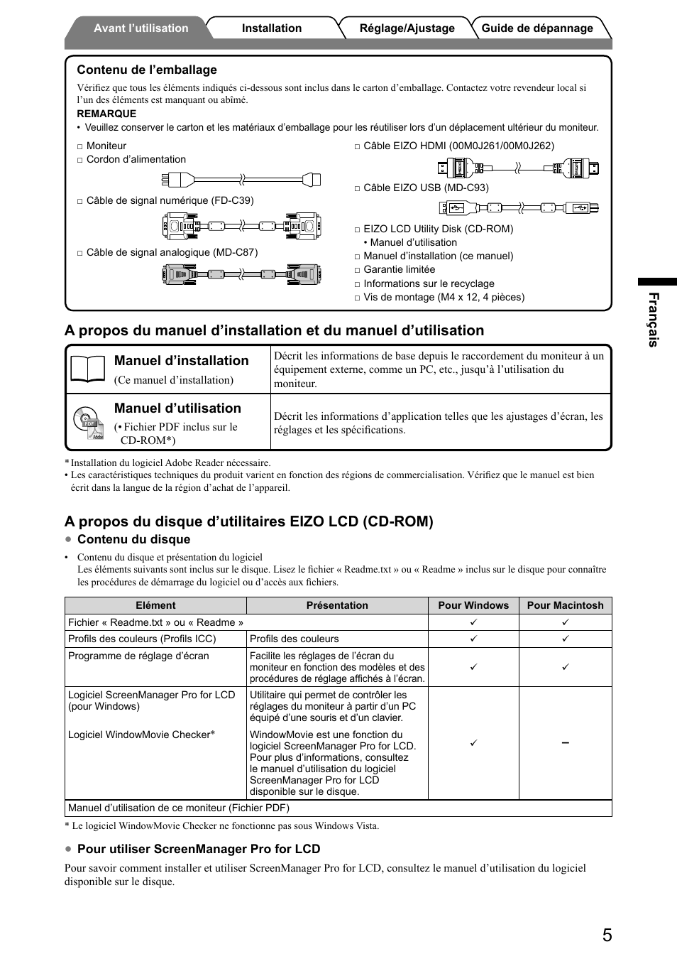 A propos du disque d’utilitaires eizo lcd (cd-rom), Français, Manuel d’installation | Manuel d’utilisation | Eizo FlexScan HD2441W User Manual | Page 39 / 148