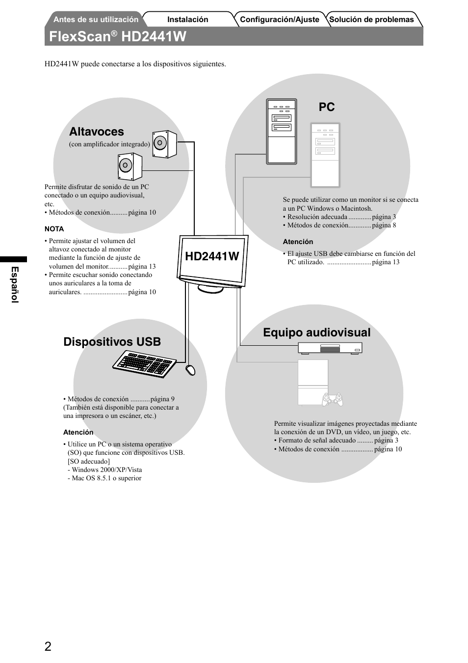 Flexscan, Hd2441w, Altavoces | Dispositivos usb, Hd2441w equipo audiovisual | Eizo FlexScan HD2441W User Manual | Page 52 / 148