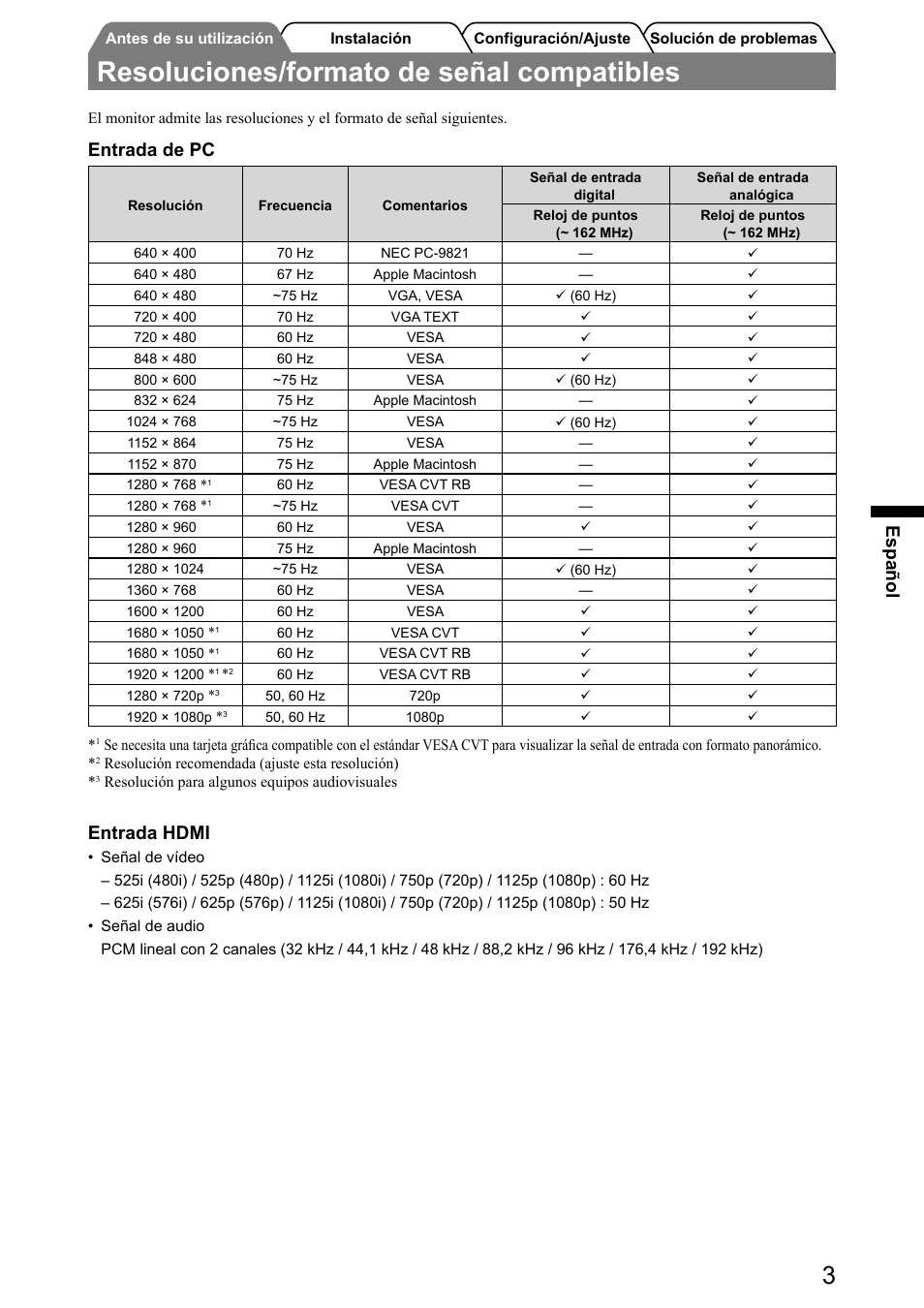 Resoluciones/formato de señal compatibles, Español, Entrada de pc | Entrada hdmi | Eizo FlexScan HD2441W User Manual | Page 53 / 148