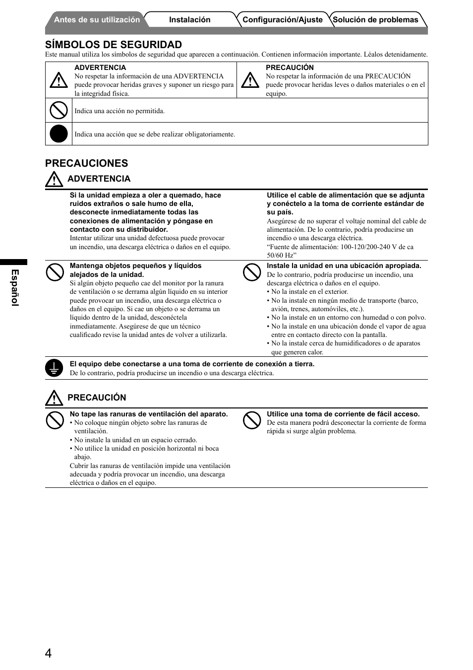 Símbolos de seguridad, Precauciones, Español | Eizo FlexScan HD2441W User Manual | Page 54 / 148