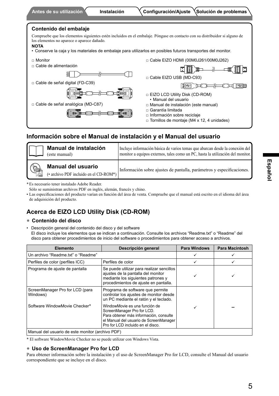 Acerca de eizo lcd utility disk (cd-rom), Español, Manual de instalación | Manual del usuario | Eizo FlexScan HD2441W User Manual | Page 55 / 148