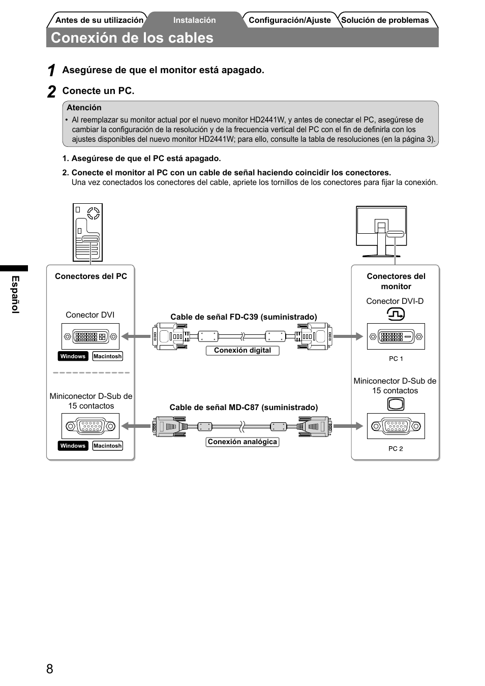 Conexión de los cables | Eizo FlexScan HD2441W User Manual | Page 58 / 148