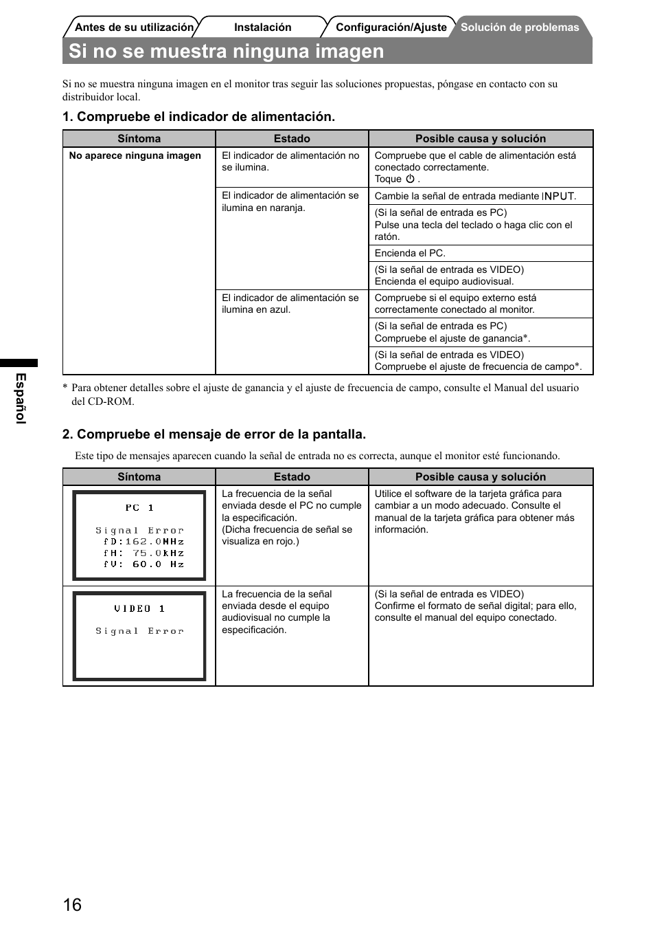 Si no se muestra ninguna imagen, Español, Compruebe el indicador de alimentación | Compruebe el mensaje de error de la pantalla | Eizo FlexScan HD2441W User Manual | Page 66 / 148