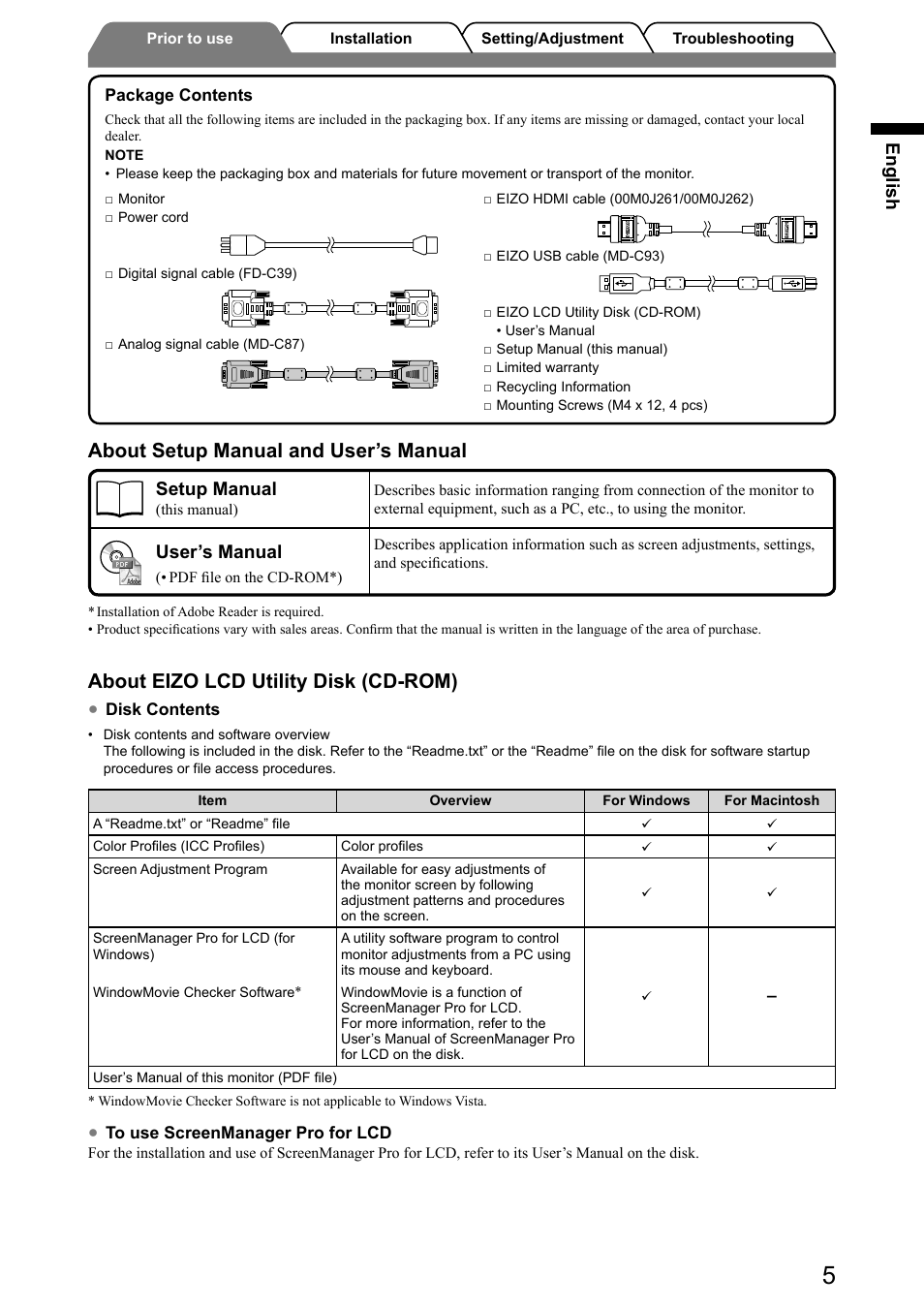 About setup manual and user’s manual, About eizo lcd utility disk (cd-rom), English | Setup manual, User’s manual | Eizo FlexScan HD2441W User Manual | Page 7 / 148