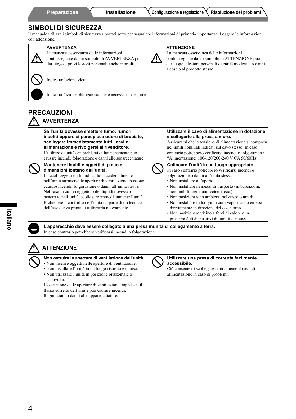 Simboli di sicurezza, Precauzioni, Italiano | Eizo FlexScan HD2441W User Manual | Page 70 / 148