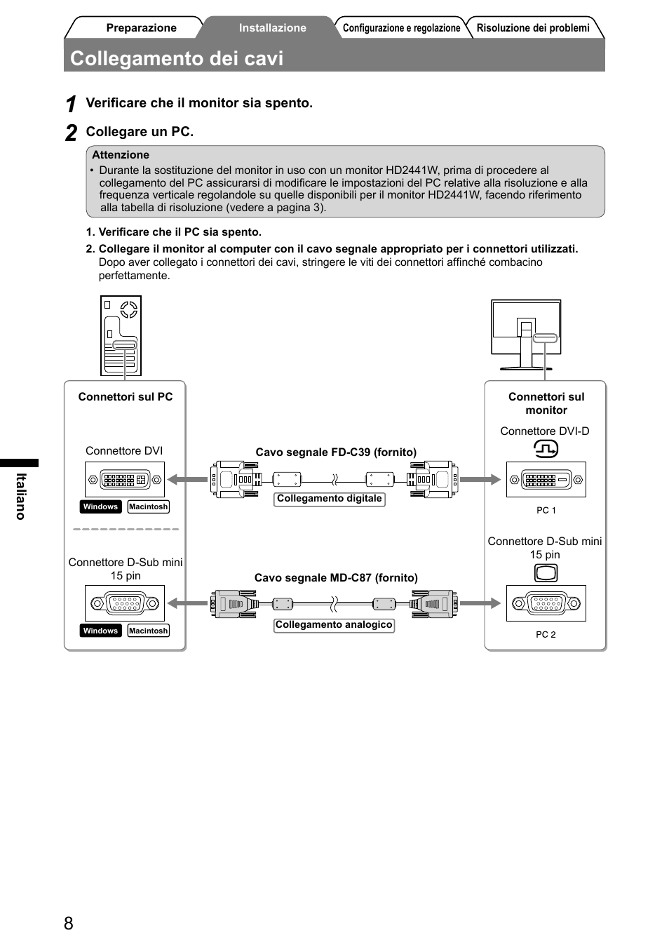 Collegamento dei cavi | Eizo FlexScan HD2441W User Manual | Page 74 / 148