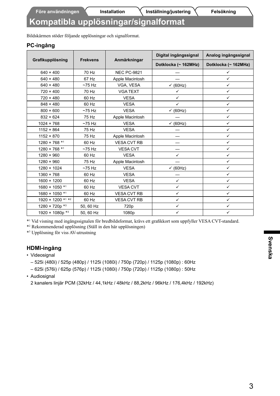 Kompatibla upplösningar/signalformat, Svenska, Pc-ingång | Hdmi-ingång | Eizo FlexScan HD2441W User Manual | Page 85 / 148