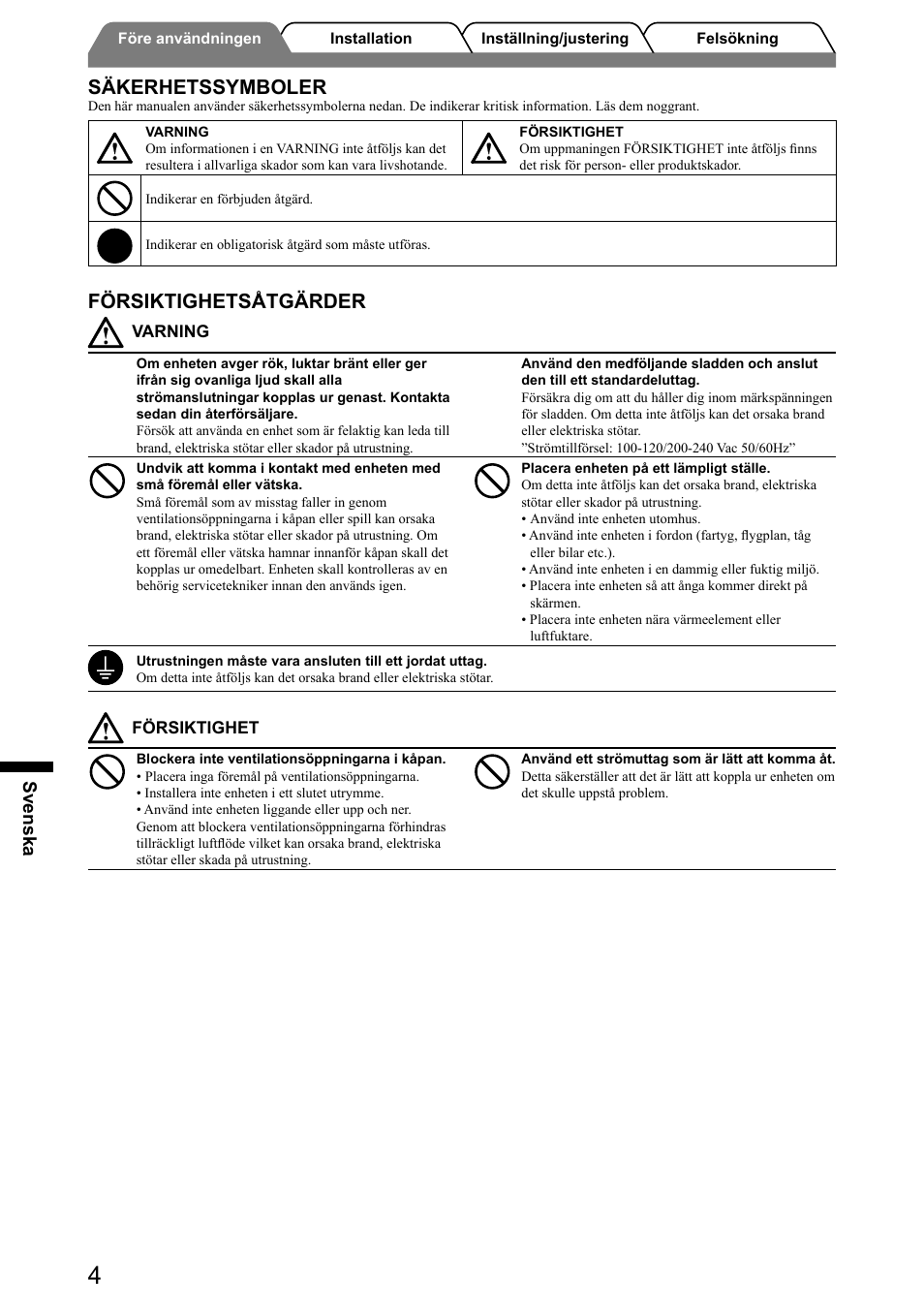 Säkerhetssymboler, Försiktighetsåtgärder, Svenska | Eizo FlexScan HD2441W User Manual | Page 86 / 148