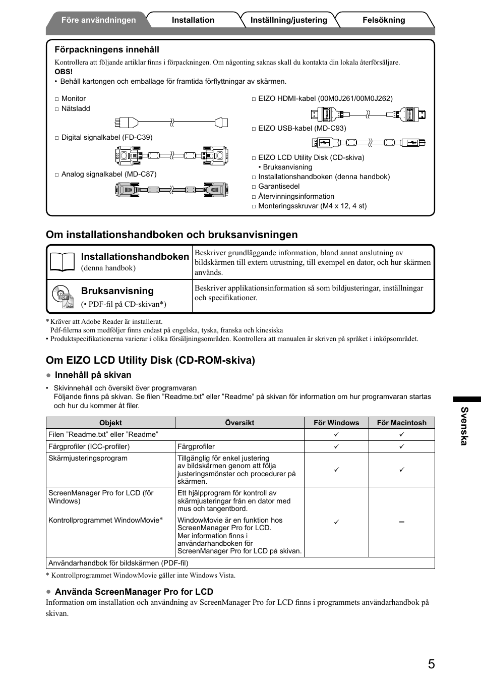 Om installationshandboken och bruksanvisningen, Om eizo lcd utility disk (cd-rom-skiva), Svenska | Installationshandboken, Bruksanvisning | Eizo FlexScan HD2441W User Manual | Page 87 / 148