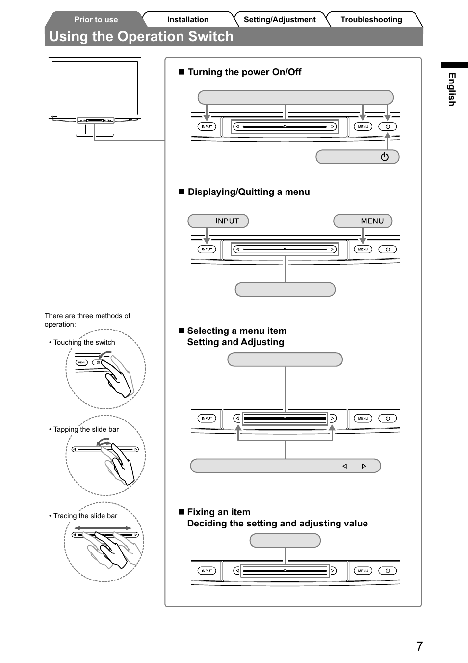 Using the operation switch | Eizo FlexScan HD2441W User Manual | Page 9 / 148