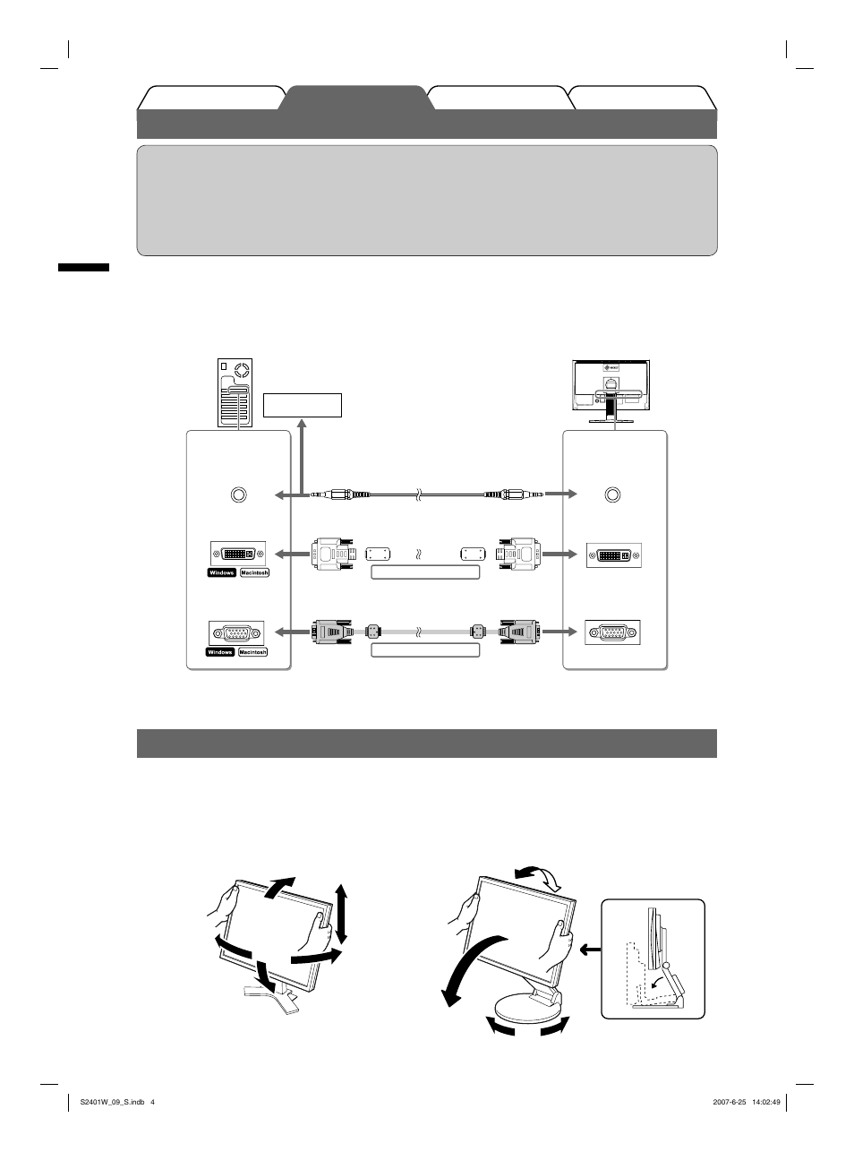 Kabel anschließen, Höhe und neigung des bildschirms einstellen | Eizo FlexScan S2401W User Manual | Page 14 / 76