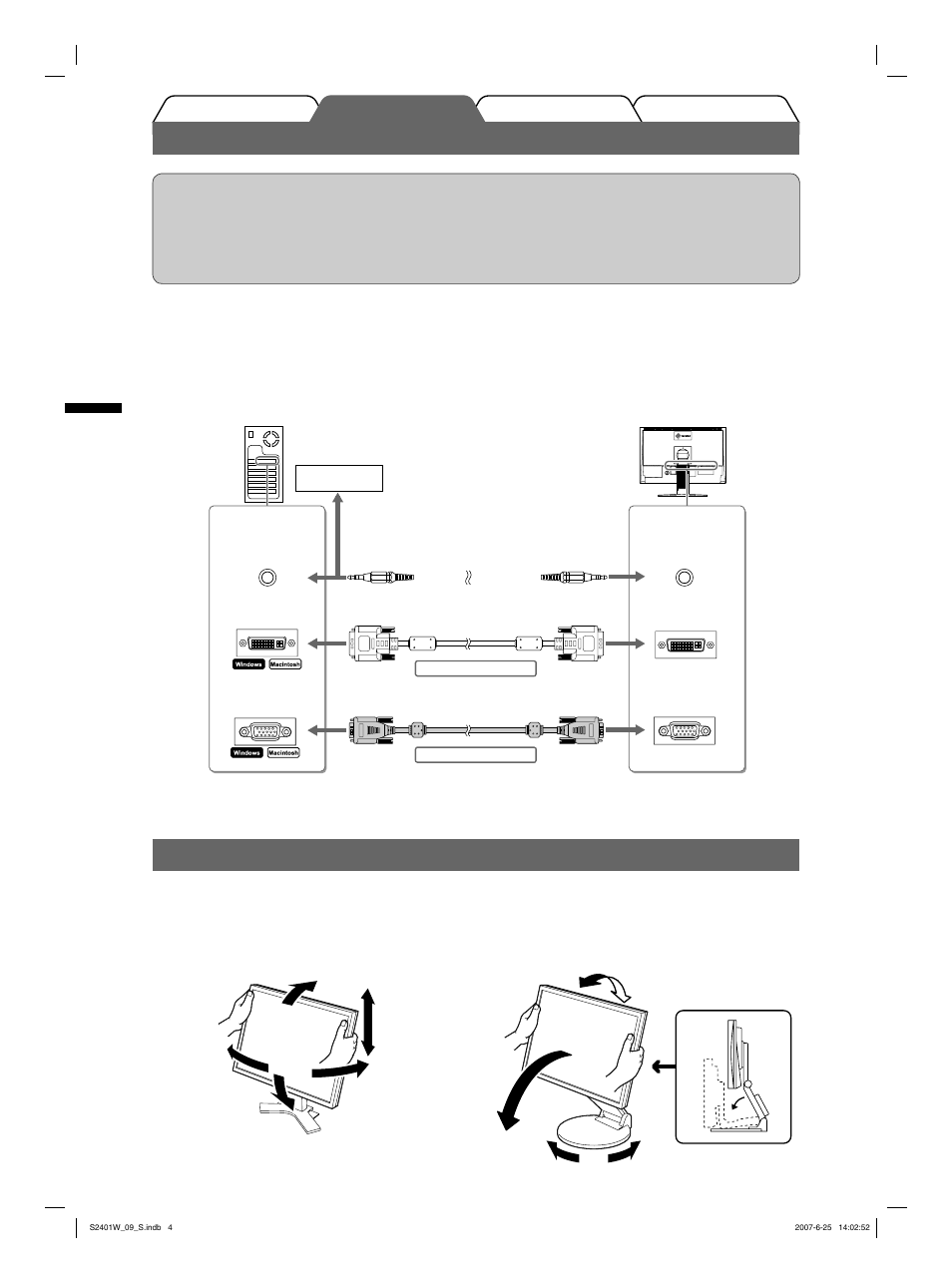 Connexion des câbles, Ajustage de la hauteur et de l’angle de l’écran | Eizo FlexScan S2401W User Manual | Page 22 / 76