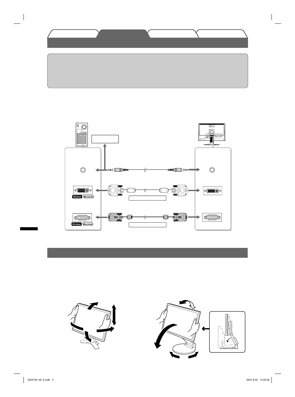 Att ansluta kablarna, Justera skärmhöjd och vinkel | Eizo FlexScan S2401W User Manual | Page 46 / 76