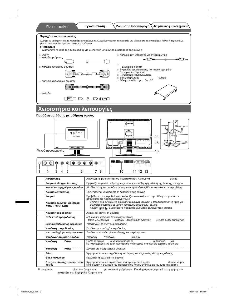 Χειριστήρια και λειτουργίες, Greece | Eizo FlexScan S2401W User Manual | Page 52 / 76