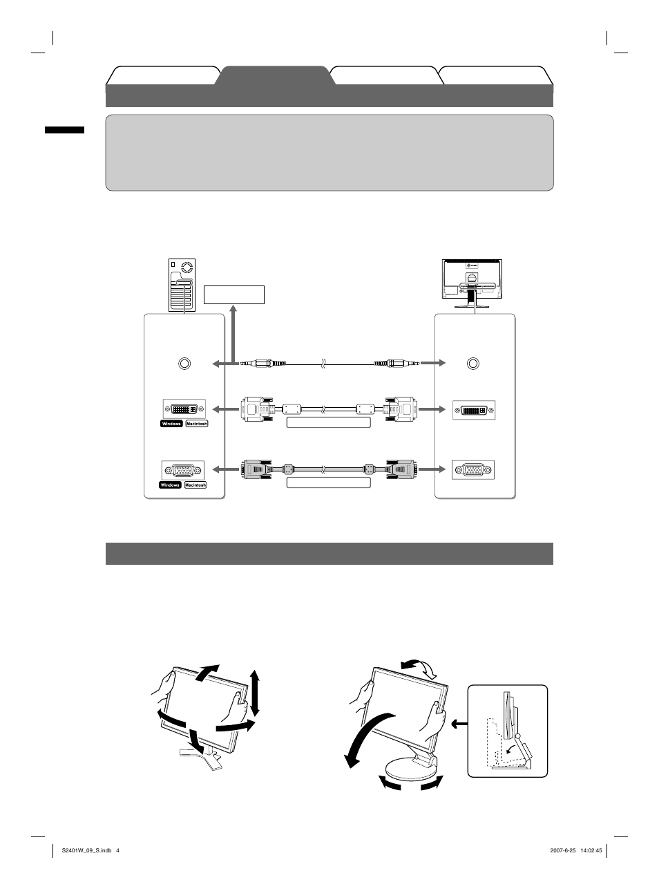 Connecting cables, Adjusting screen height and angle | Eizo FlexScan S2401W User Manual | Page 6 / 76