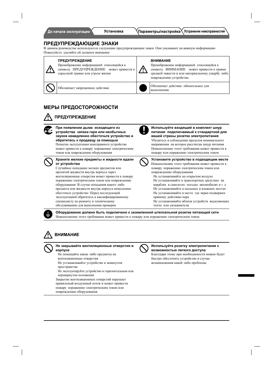 Предупреждающие знаки, Меры предосторожности | Eizo FlexScan S1731 User Manual | Page 59 / 76
