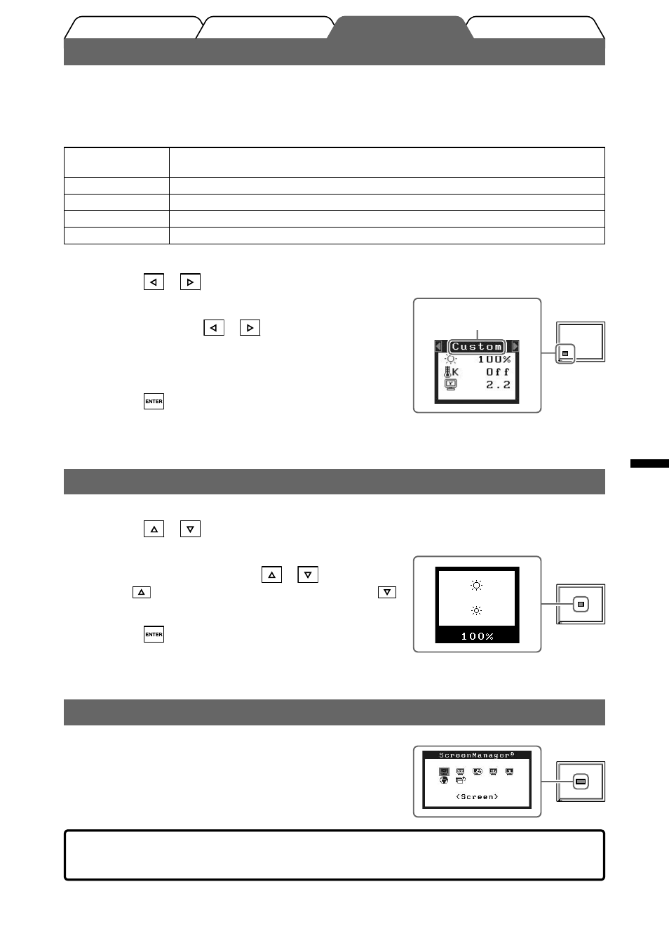Selezione della modalità schermo, Regolazione della luminosità, Esecuzione delle impostazioni/regolazioni avanzate | Eizo FlexScan S2000 User Manual | Page 31 / 60