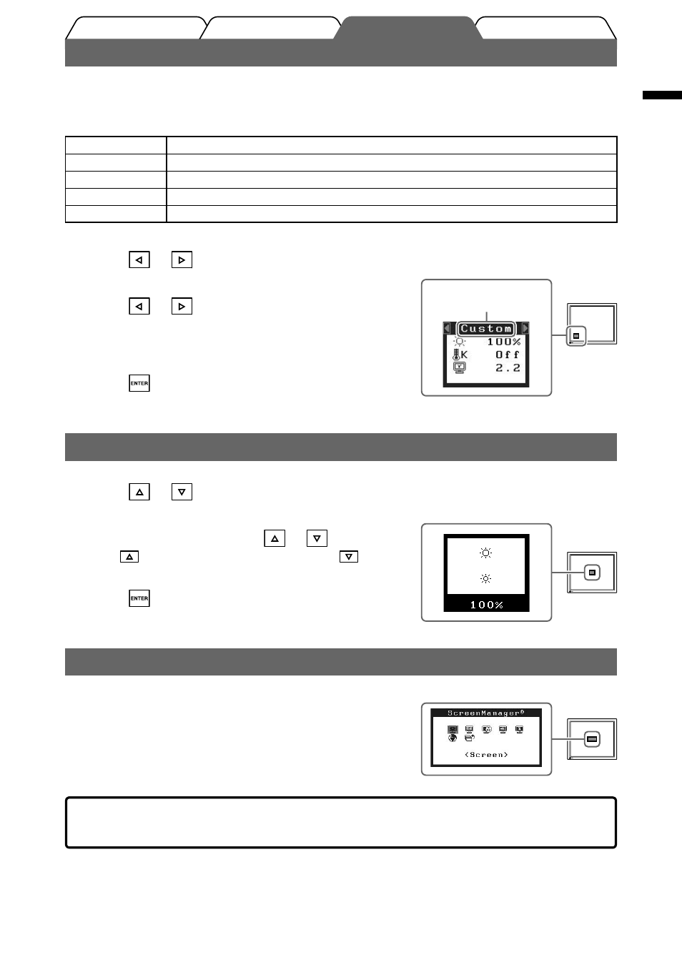 Selecting display mode, Adjusting brightness, Performing advanced settings/adjustments | Eizo FlexScan S2000 User Manual | Page 7 / 60