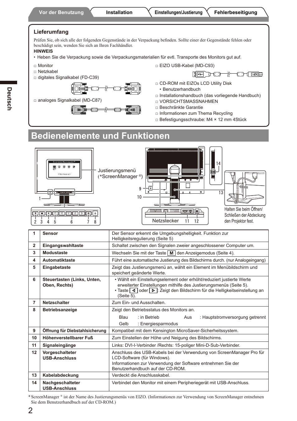 Bedienelemente und funktionen, Deutsch | Eizo FlexScan S2100 User Manual | Page 10 / 60