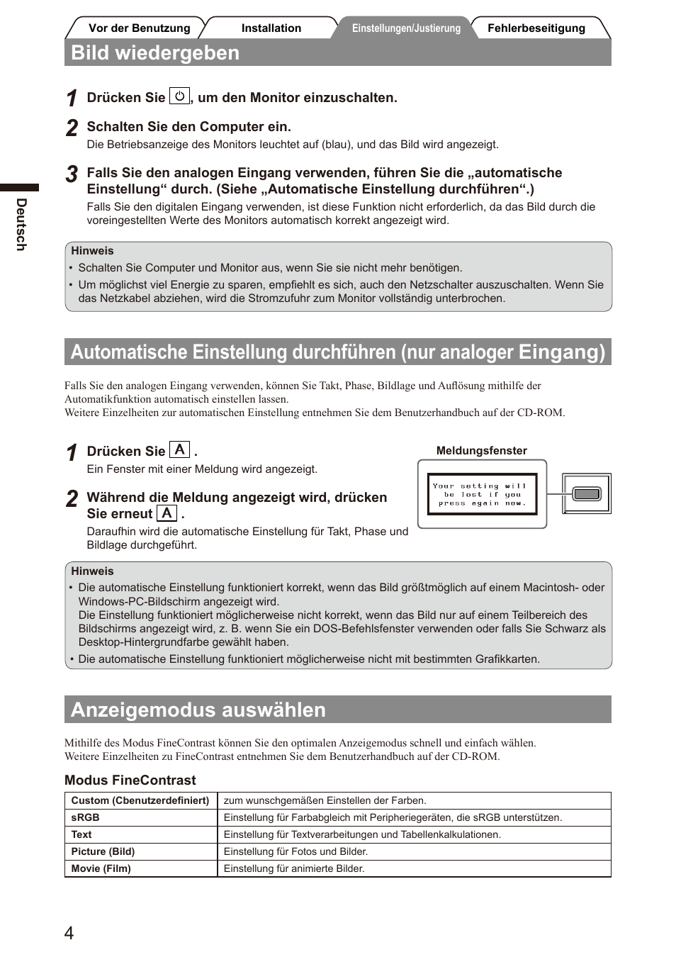 Bild wiedergeben, Anzeigemodus auswählen | Eizo FlexScan S2100 User Manual | Page 12 / 60