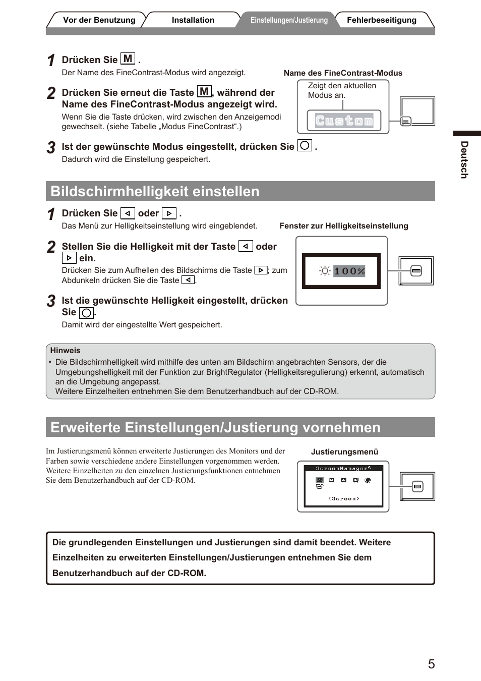 Bildschirmhelligkeit einstellen, Erweiterte einstellungen/justierung vornehmen | Eizo FlexScan S2100 User Manual | Page 13 / 60