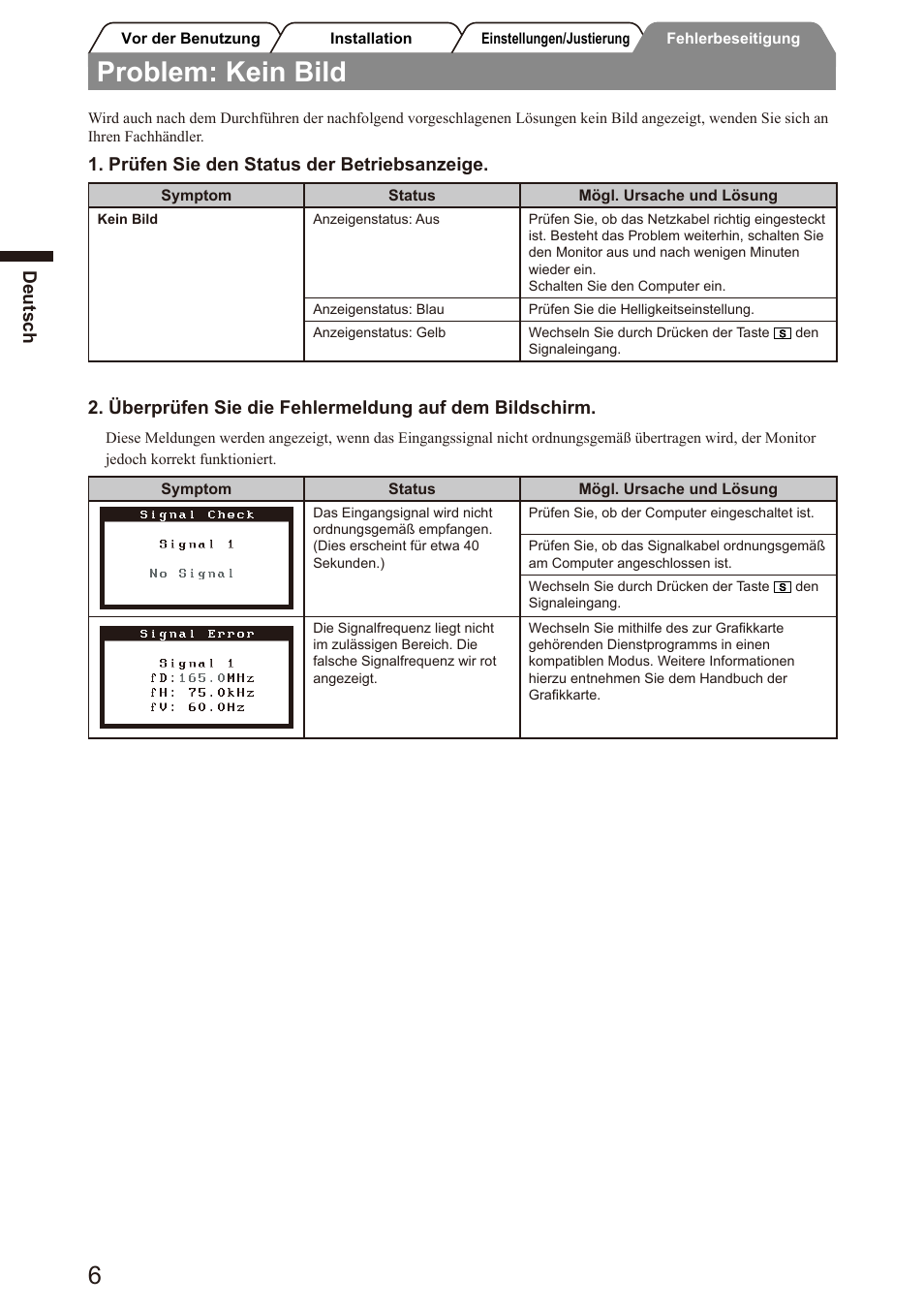 Problem: kein bild, Deutsch, Prüfen sie den status der betriebsanzeige | Eizo FlexScan S2100 User Manual | Page 14 / 60